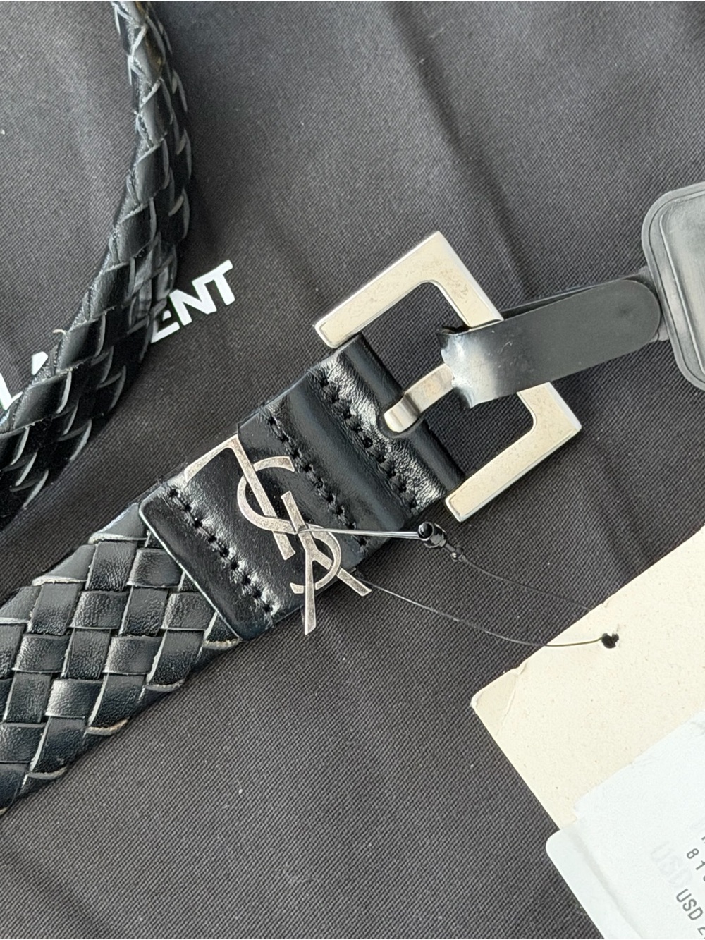Saint Laurent YSL Cassandre Woven Leather Belt Black Size 95 NWT - Picture 2 of 4